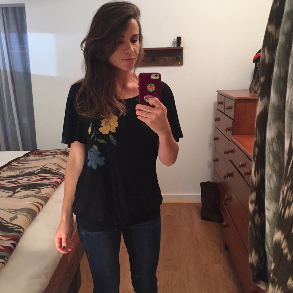 Flower Embroidered Black Swing Tee